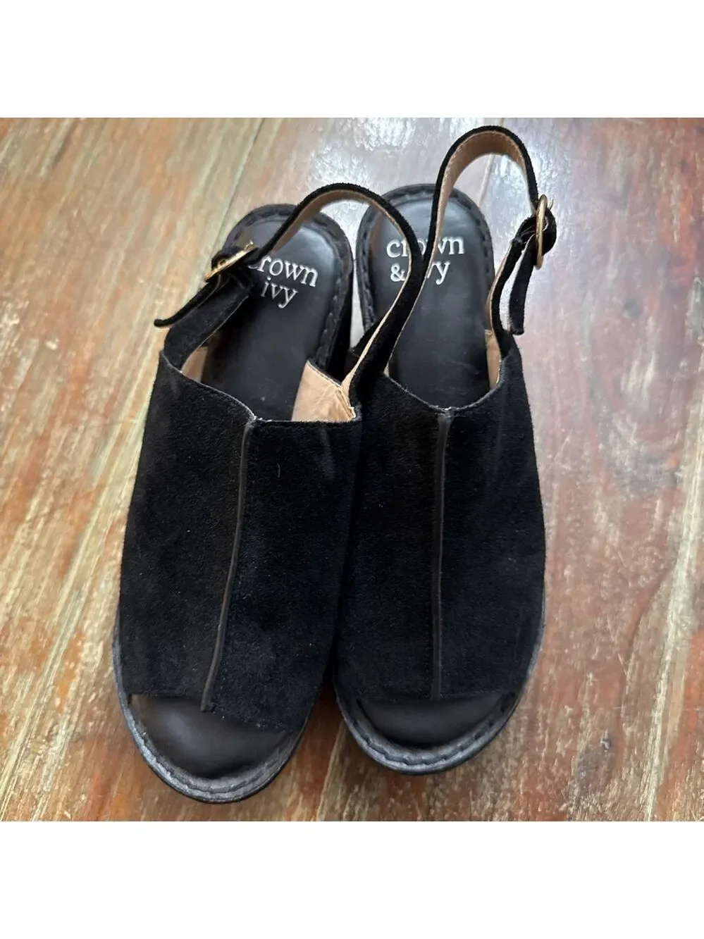 Crown & Ivy Black Suede Peep Toe Wedge Sandals Size 6